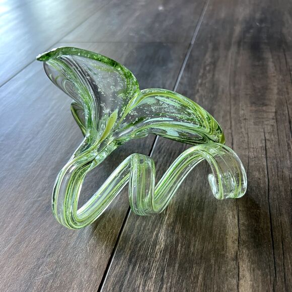 Genuine Murano Flower Vase Hand Blown Art Glass 3-Petal Green White Italy EUC - Picture 3 of 13